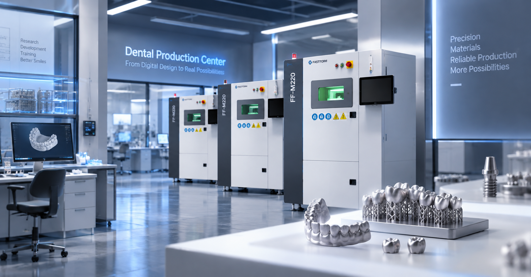 Dental production center with FF-M220 metal 3D printers and high-density dental components for research, process development, and batch manufacturing
