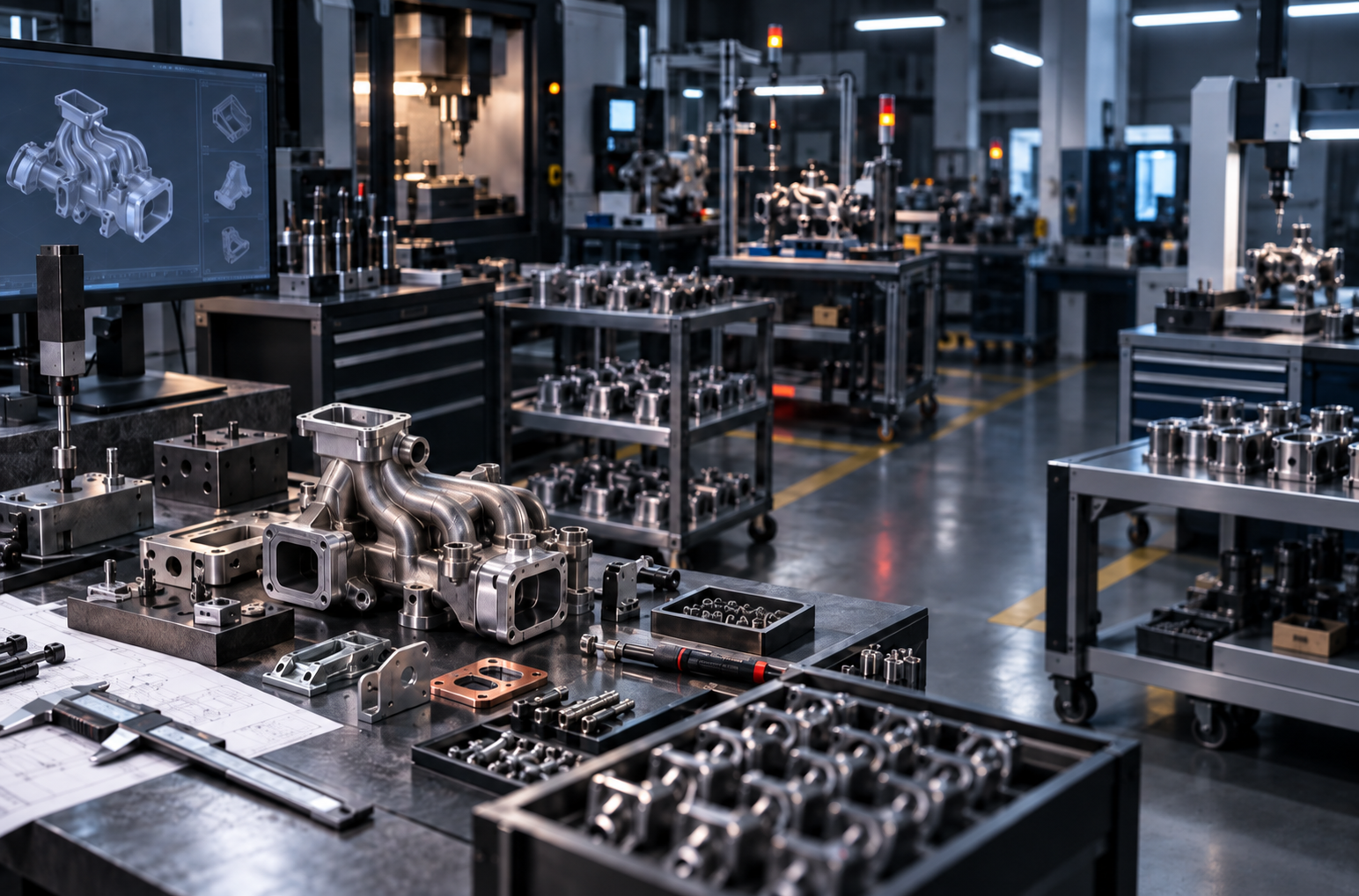 Complex metal component surrounded by multiple machining, tooling, inspection and assembly stages in a conventional manufacturing workflow.