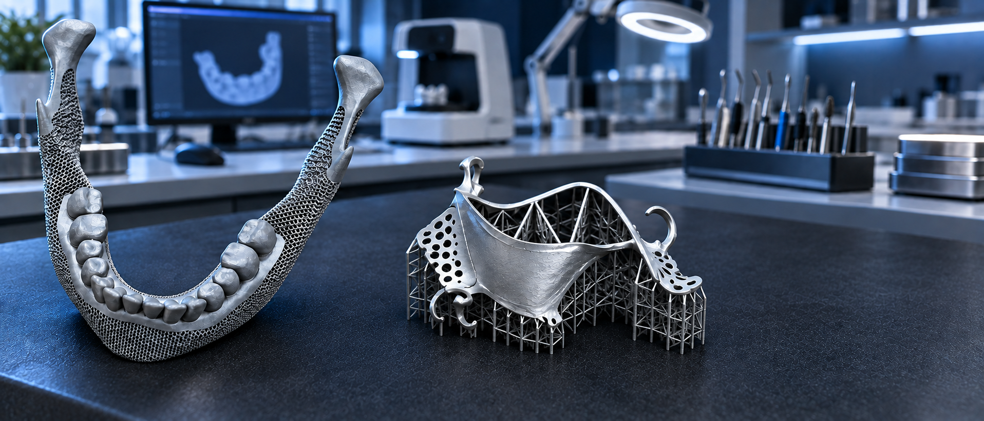 Metal 3D printed dental crowns, denture frameworks and mandibular implant samples
