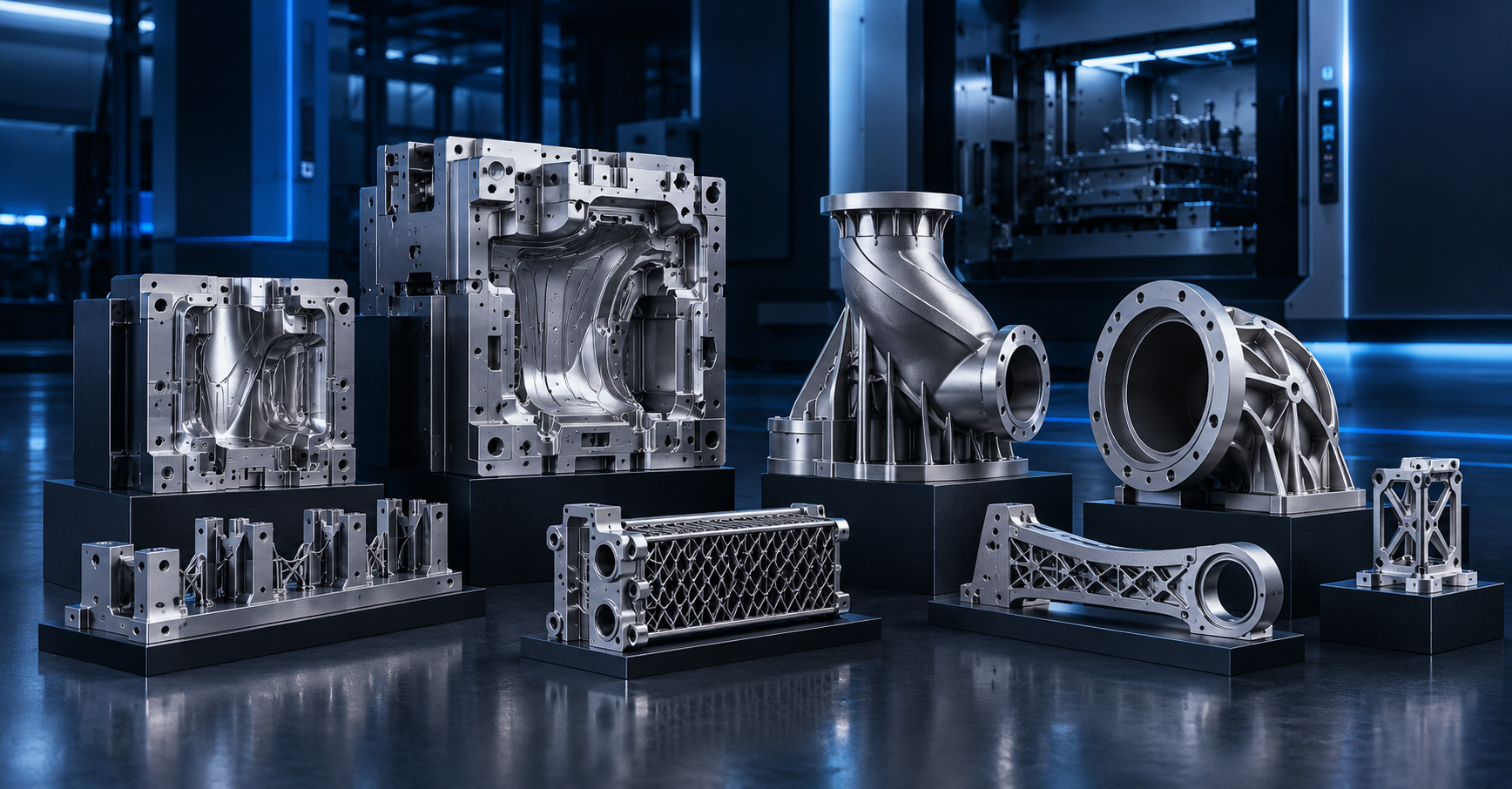 Large metal 3D printed industrial components including molds, tooling inserts, flow parts, fixtures, and complex functional structures