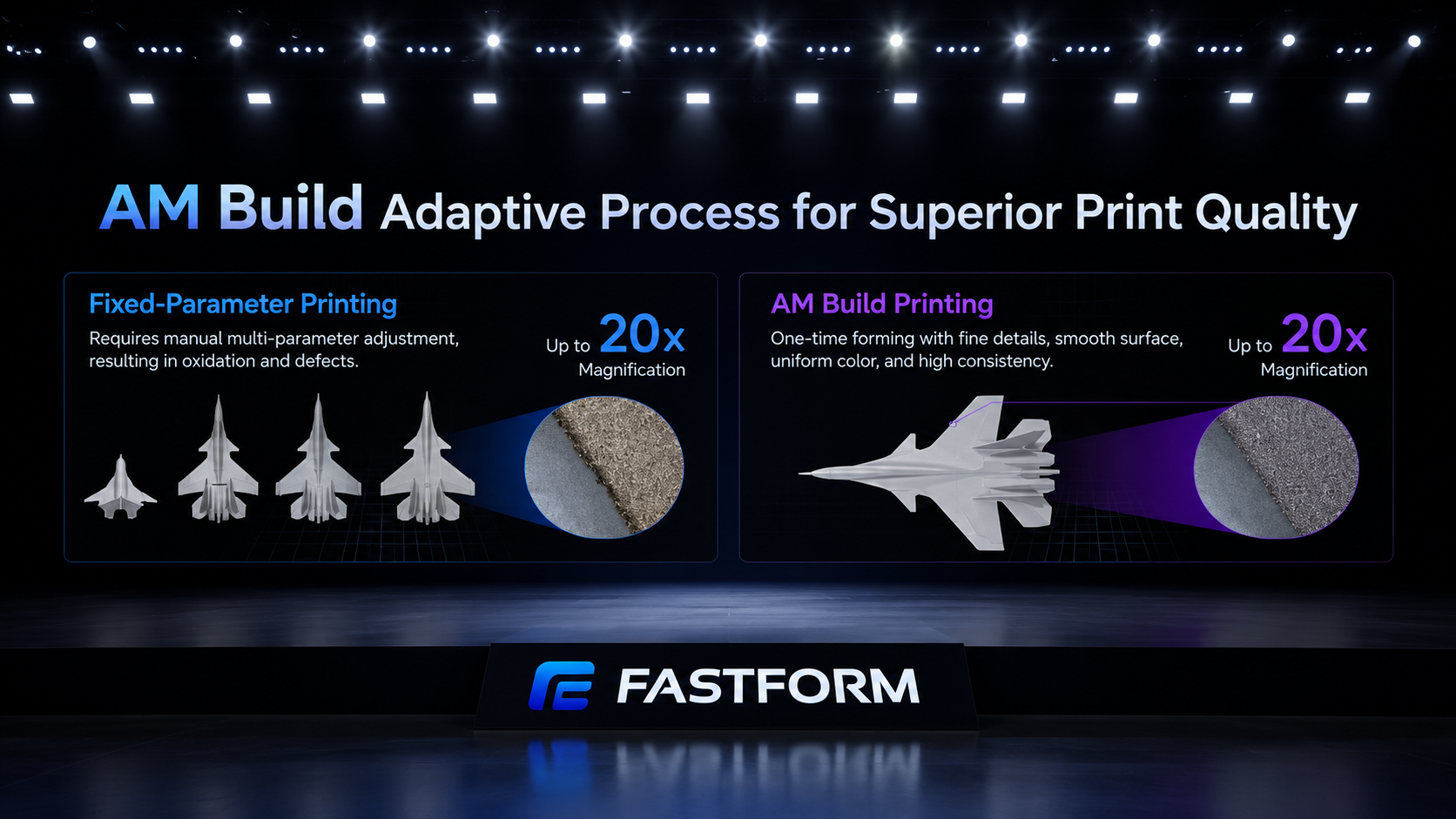 AM Build adaptive process comparison showing fixed-parameter metal 3D printing versus AI-driven adaptive printing, highlighting improved surface quality, consistency, and print results.