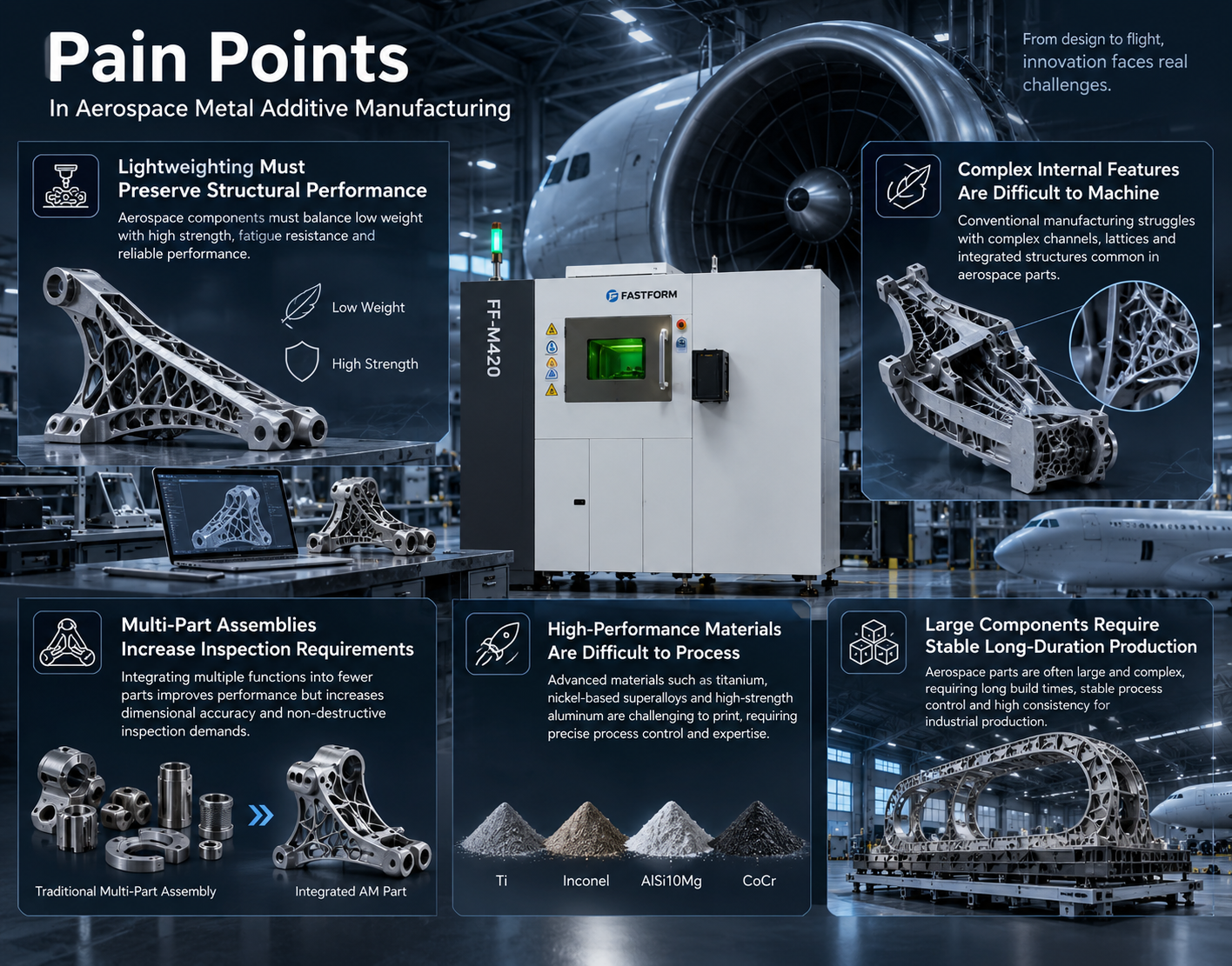 Aerospace metal additive manufacturing pain points, including lightweight structural performance, complex internal geometries, multi-part assembly inspection, difficult-to-process high-performance materials, and stable long-duration production for large components.