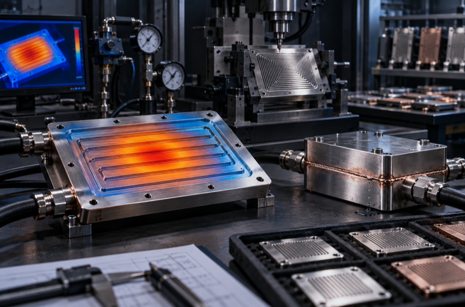 Conventional liquid-cooling plates showing limited channels, localized heat spots, brazed leakage risk and repeated validation in an engineering lab.