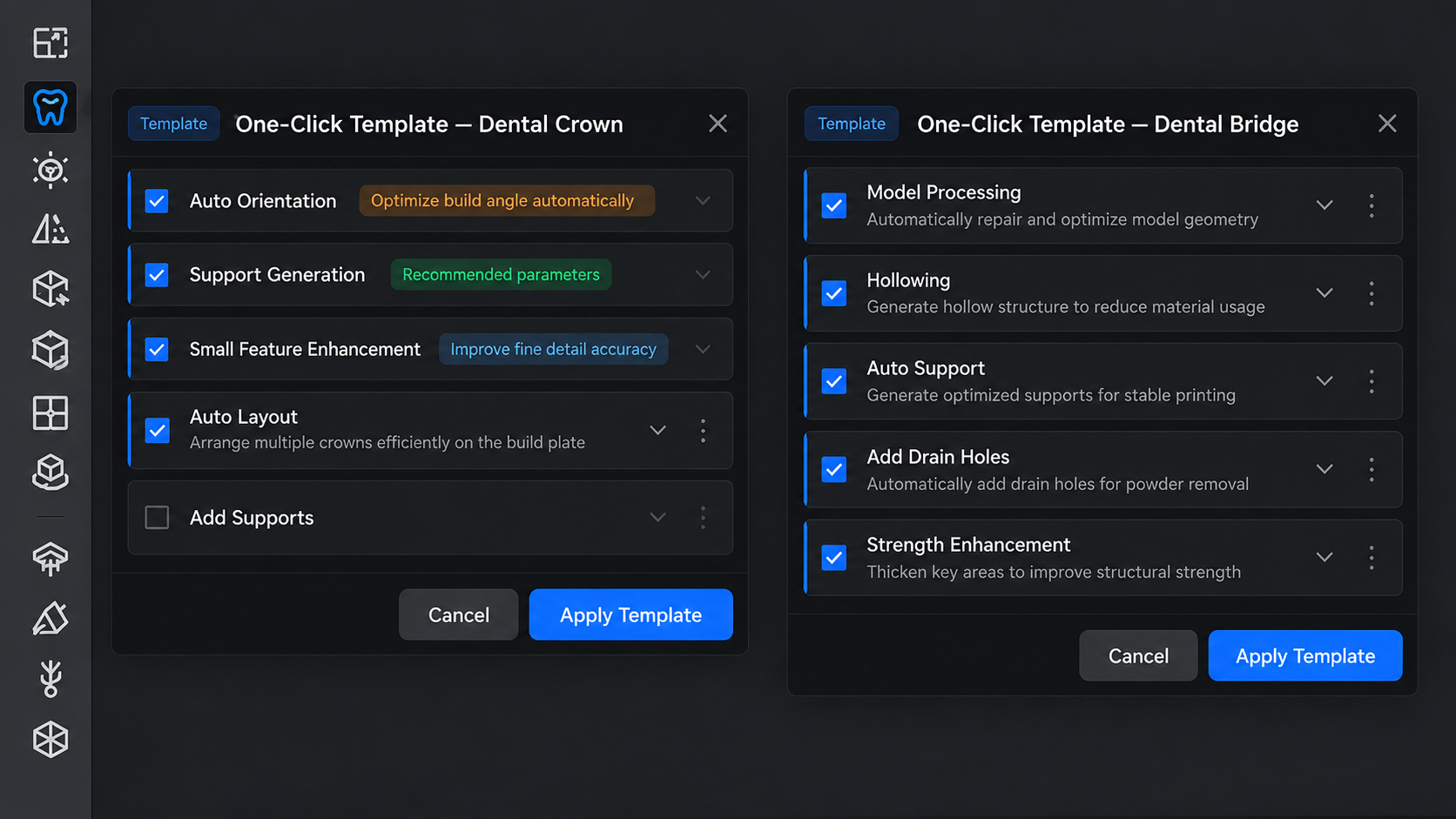 FastLayer one-click dental crown and bridge template interface with automated orientation, support generation, layout optimization, and model processing for metal 3D printing