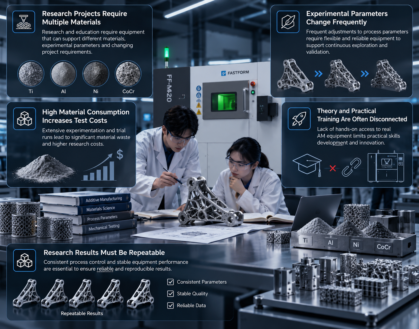 Research and education challenges in metal additive manufacturing, including multi-material requirements, frequent parameter changes, high material consumption, limited hands-on training, and the need for repeatable research results.