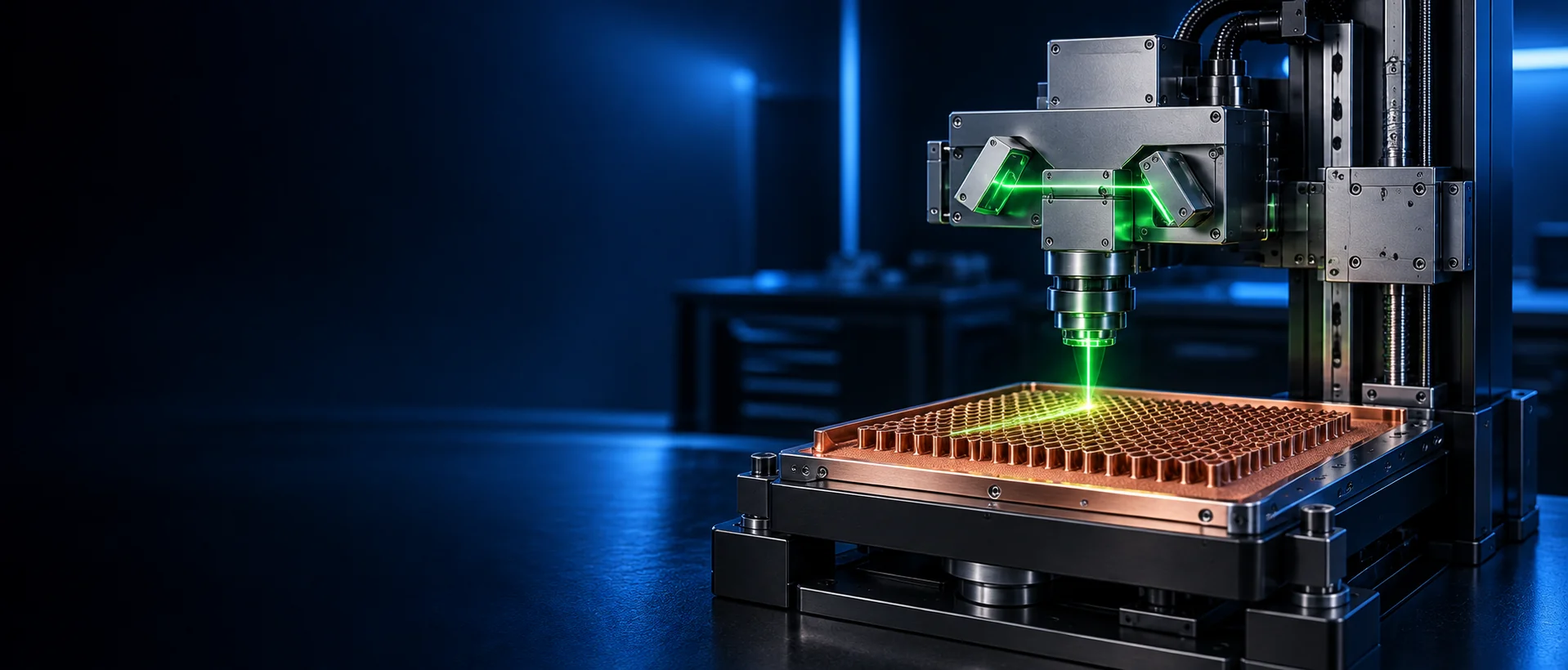 High-precision green-laser scanning system with a precision Z-axis stage forming consistent copper structures across a large build platform.