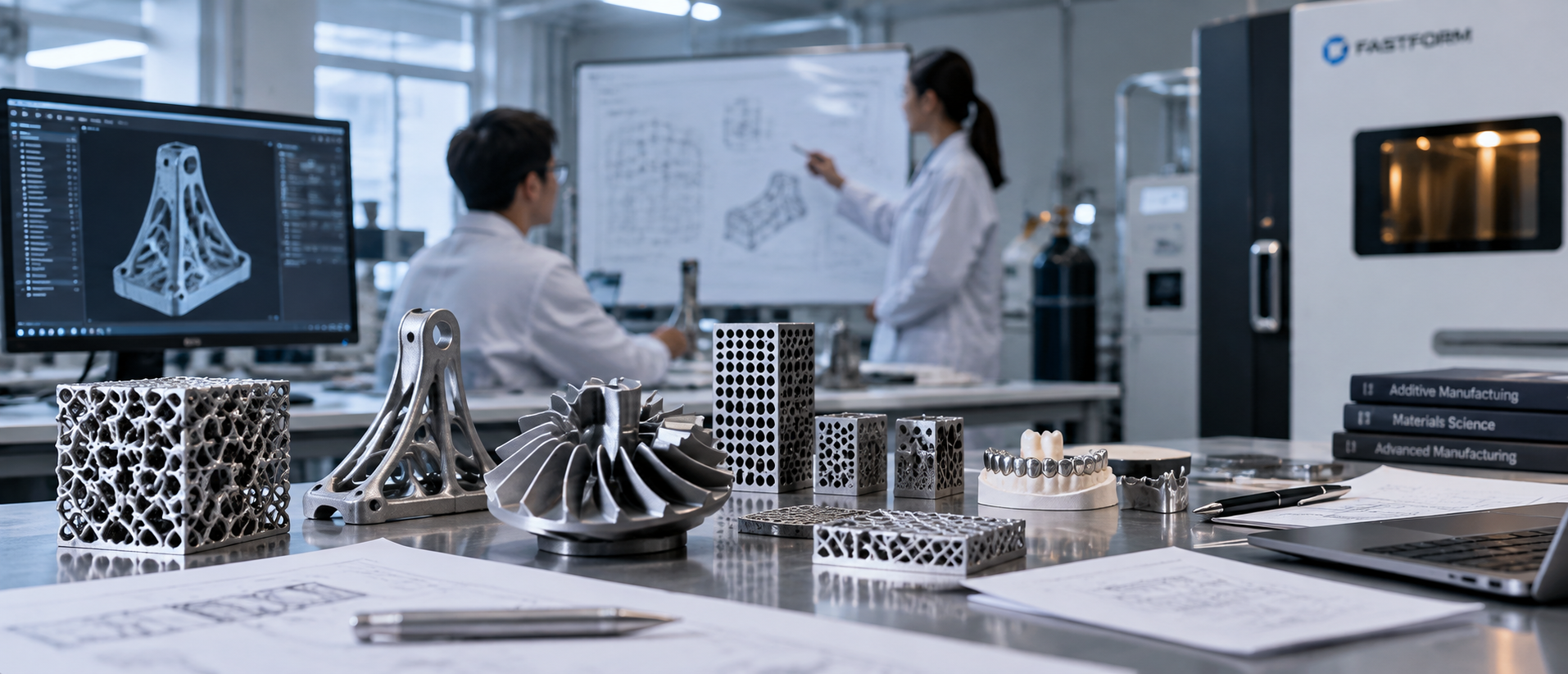 Metal additive manufacturing research and education lab with 3D printed components for material development and technical training